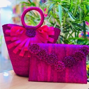 Elegant Pink Woven Handbag and Clutch Set